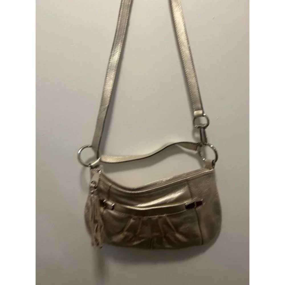 B Makowsky‎ Women's Pebbled Leather Crossbody Champaign Metallic Handbag Y2K